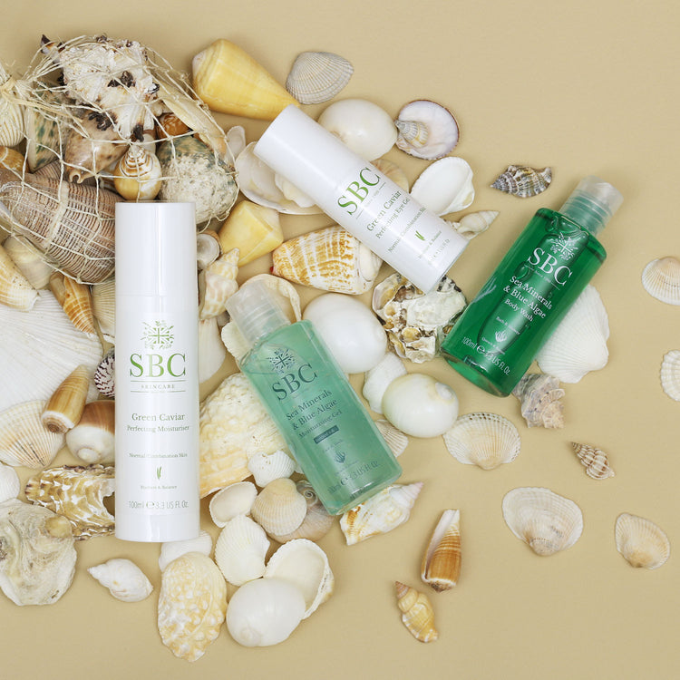 Green Caviar and Sea Minerals & Blue Algae products on shells