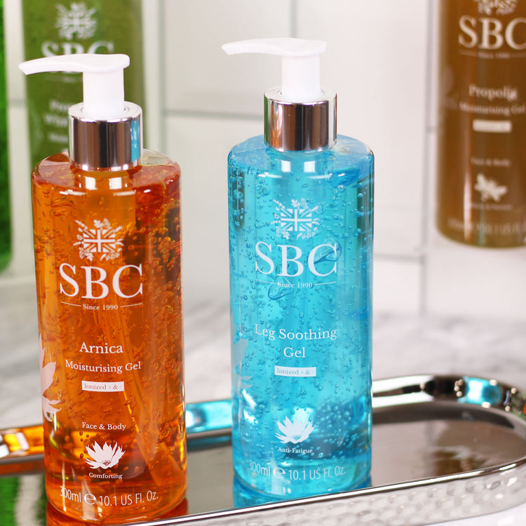 Arnica and Leg Soothing Moisturising Gels on a silver hammered dish 