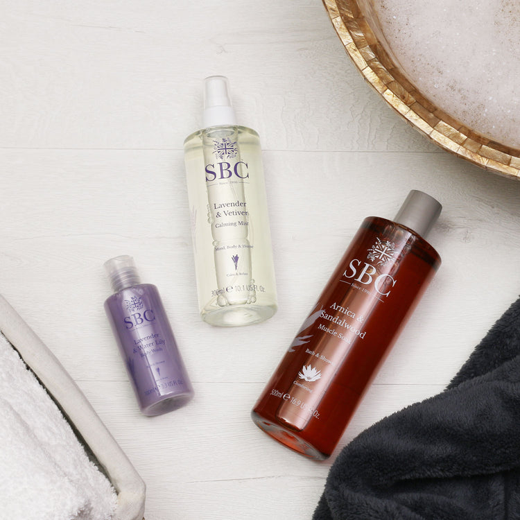 Lavender & Vetiver Mist, Lavender & Water Lily Body Wash and Arnica & Sandalwood Muscle Soak