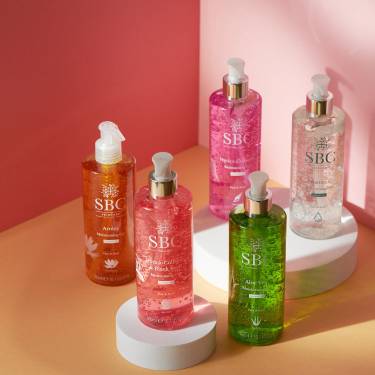 Various SBC Skincare Gels on a colour blocked background 